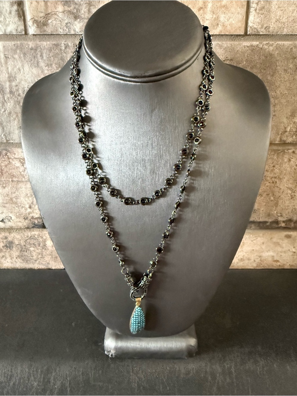 Freida Rothman Beaded 36” Black Bezel Necklace with Turquoise Pendant